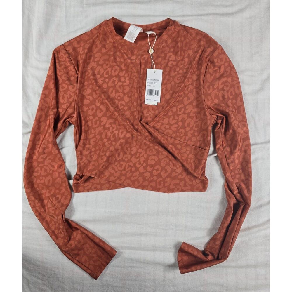 CITRUS Women’s Long Sleeve Cropped Faux Wrap Swim Rashguard Cheetah Print M NWT